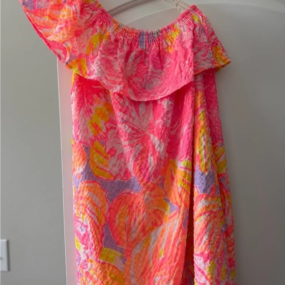 Lilly Pulitzer Neon Pink One-Shoulder Ruffle Dress with Multicolor Floral - Picture 2 of 3
